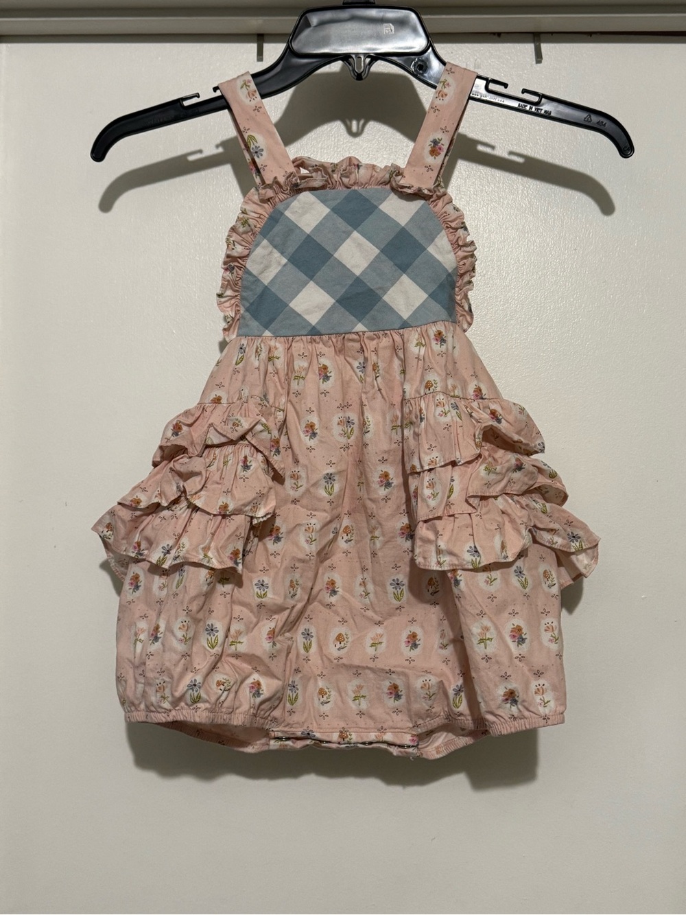 RicRac & Ruffles Pink Floral Ruffle Bubble Romper with Blue Gingham Bib